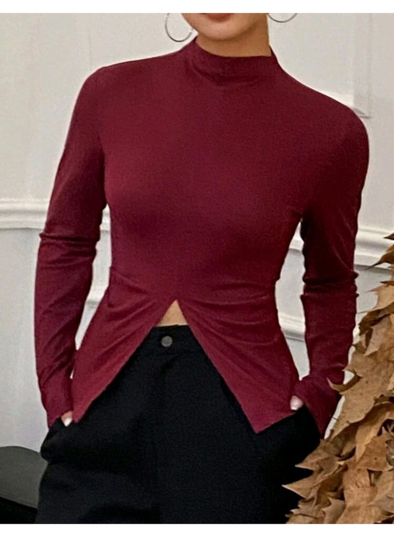 DAZY Solid Color Slim Fit Long Sleeve Stand Collar Cutout Hollow Women TOP - Image 1