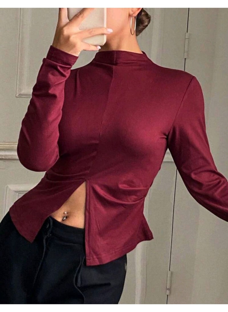 DAZY Solid Color Slim Fit Long Sleeve Stand Collar Cutout Hollow Women TOP - Image 2
