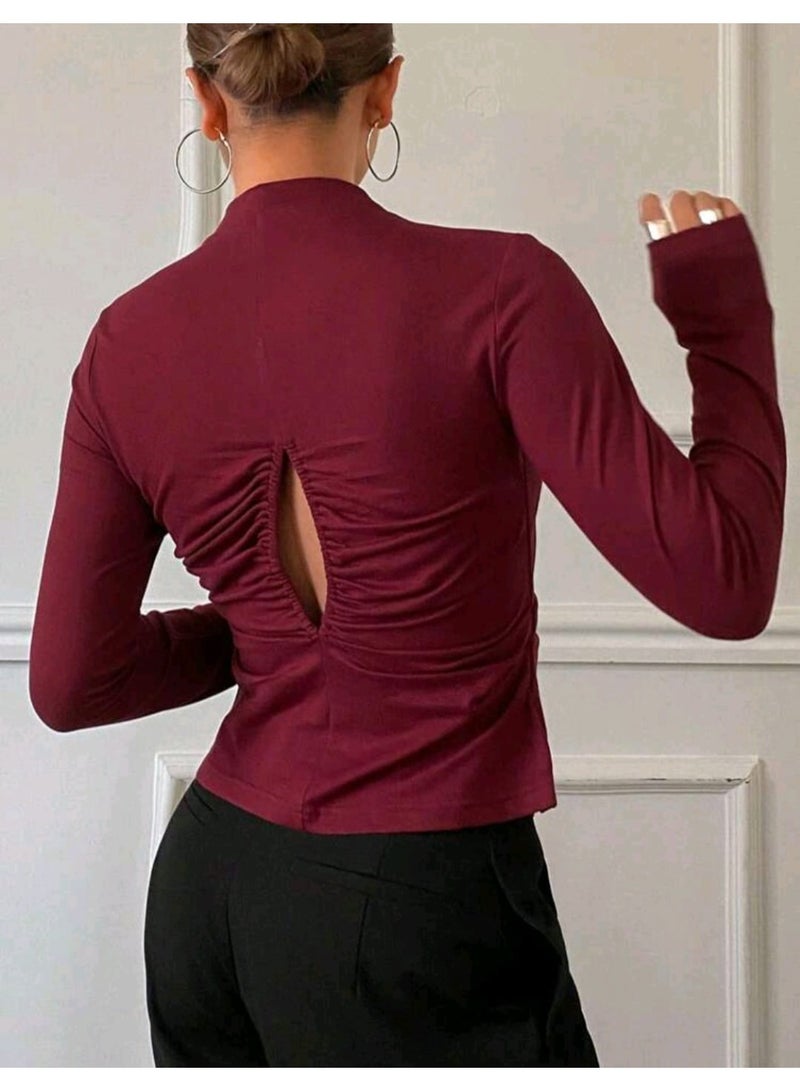 DAZY Solid Color Slim Fit Long Sleeve Stand Collar Cutout Hollow Women TOP - Image 3