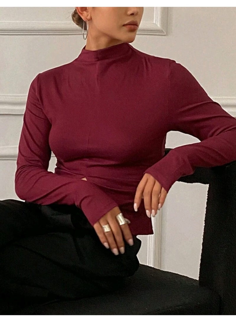 DAZY Solid Color Slim Fit Long Sleeve Stand Collar Cutout Hollow Women TOP - Image 4