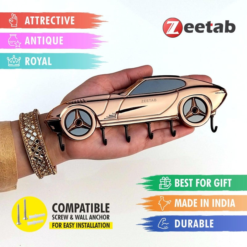 Zeetab Car Key Holder | Car Key Stand & Brass Metal Wall Mount Hanger with 6 Hooks | Home Decor Gift (20x7cm) (Rose Gold) - Image 5