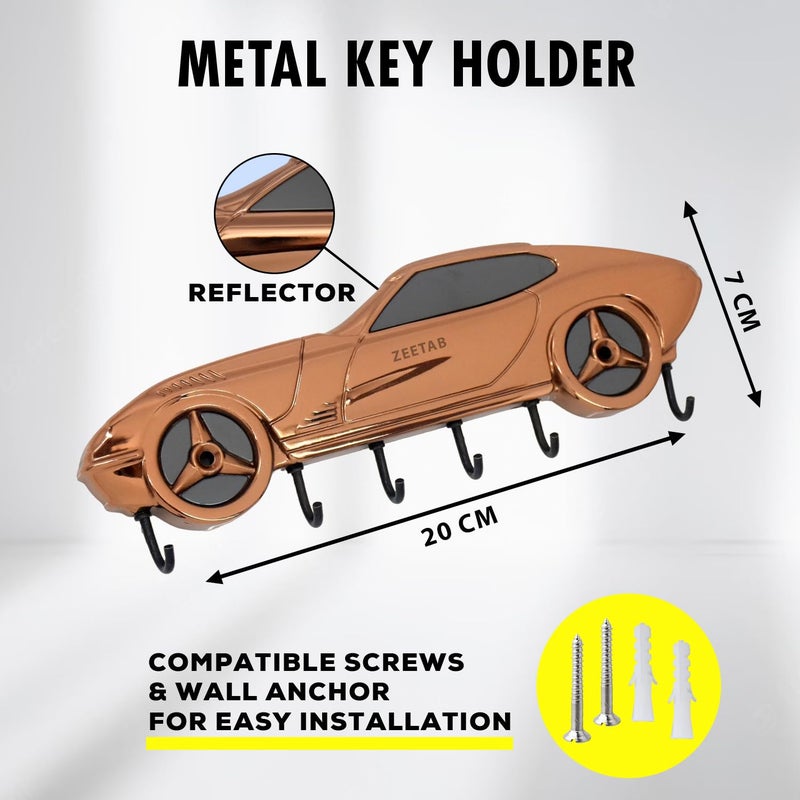 Zeetab Car Key Holder | Car Key Stand & Brass Metal Wall Mount Hanger with 6 Hooks | Home Decor Gift (20x7cm) (Rose Gold) - Image 2