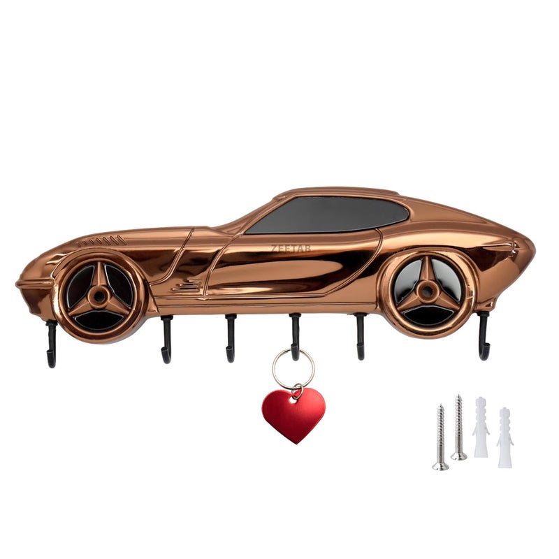 Zeetab Car Key Holder | Car Key Stand & Brass Metal Wall Mount Hanger with 6 Hooks | Home Decor Gift (20x7cm) (Rose Gold) - Image 1