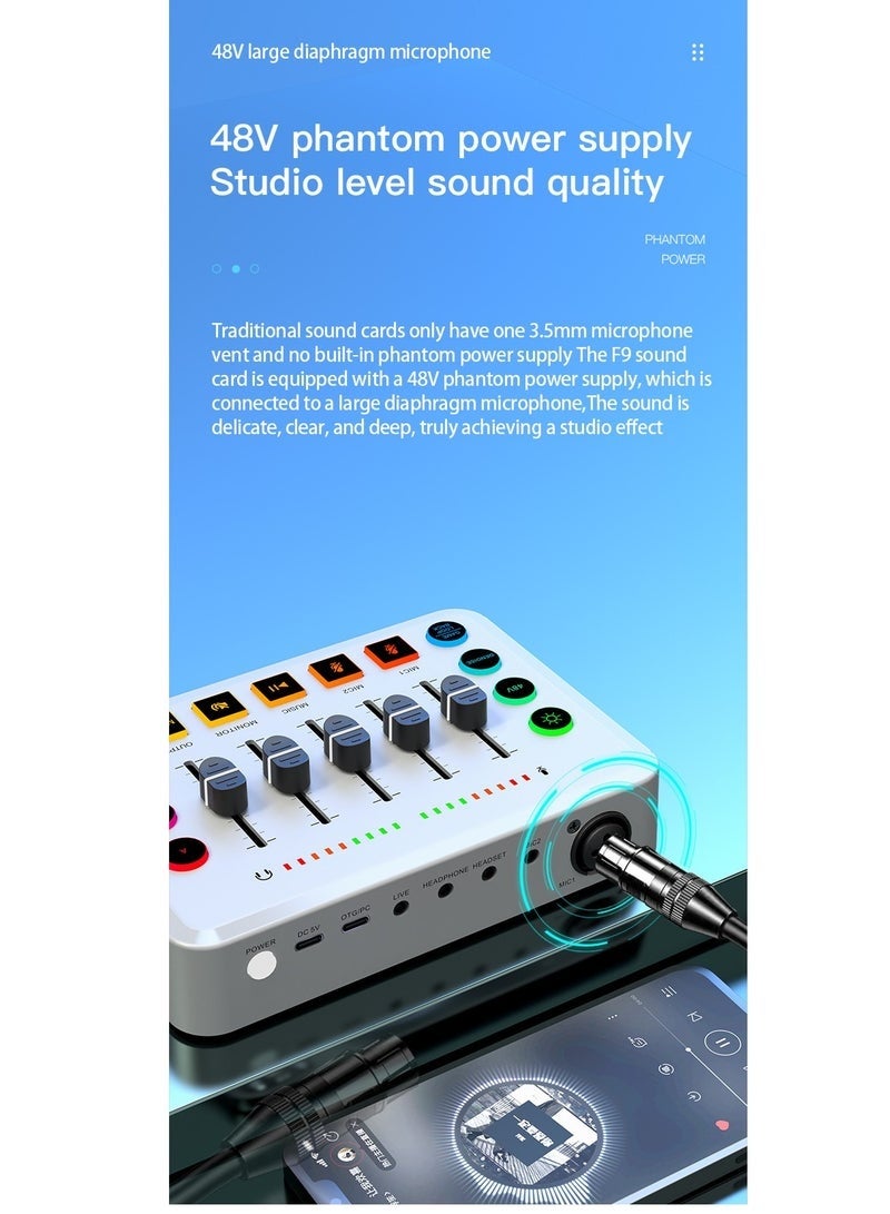 كارت صوت F9 للمباشر ميكسر مباشر احترافي مصدر طاقة فانتوم بلوتوث ميكسر دي جي (يناسب البث المباشر، تسجيل الحاسوب) - Image 2