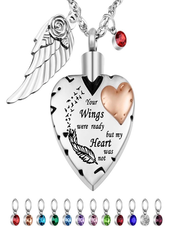 Dletay Heart Cremation Necklace for Ashes Cremation Jewelry with 12 Birthstones Urn Necklace for Ashes-Your Wings were Ready but My Heart was Not - Image 1