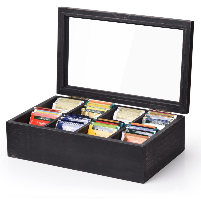 Alsonerbay Wooden Tea Box Tea Bag Holder Kitchen Storage Chest Box for Spice Pouches and Sugar Packets with 8 Compartments and Glass Window Weathered Black - Image 1