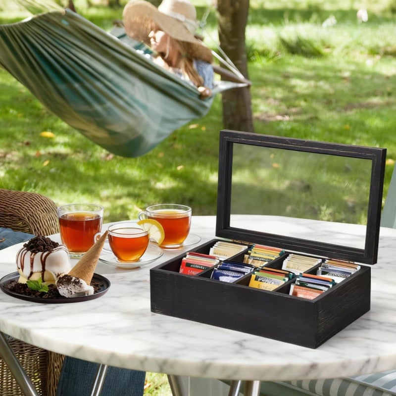 Alsonerbay Wooden Tea Box Tea Bag Holder Kitchen Storage Chest Box for Spice Pouches and Sugar Packets with 8 Compartments and Glass Window Weathered Black - Image 4