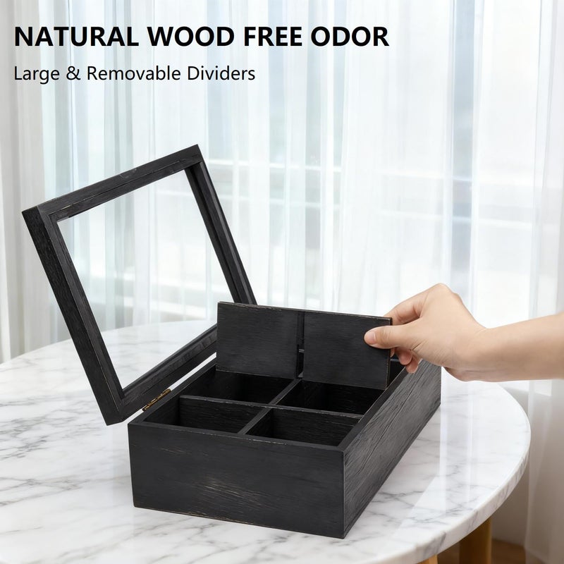 Alsonerbay Wooden Tea Box Tea Bag Holder Kitchen Storage Chest Box for Spice Pouches and Sugar Packets with 8 Compartments and Glass Window Weathered Black - Image 5
