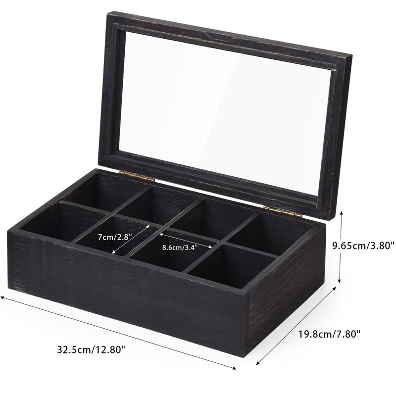 Alsonerbay Wooden Tea Box Tea Bag Holder Kitchen Storage Chest Box for Spice Pouches and Sugar Packets with 8 Compartments and Glass Window Weathered Black - Image 3