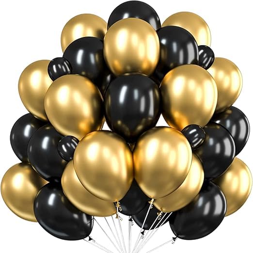 PulGos 50pcs for Birthday Decoration Items, Anniversary, Baby Shower, Bachelorette Decorations. Metallic Chrome Balloons for Decorations(Black & Golden) - Image 1