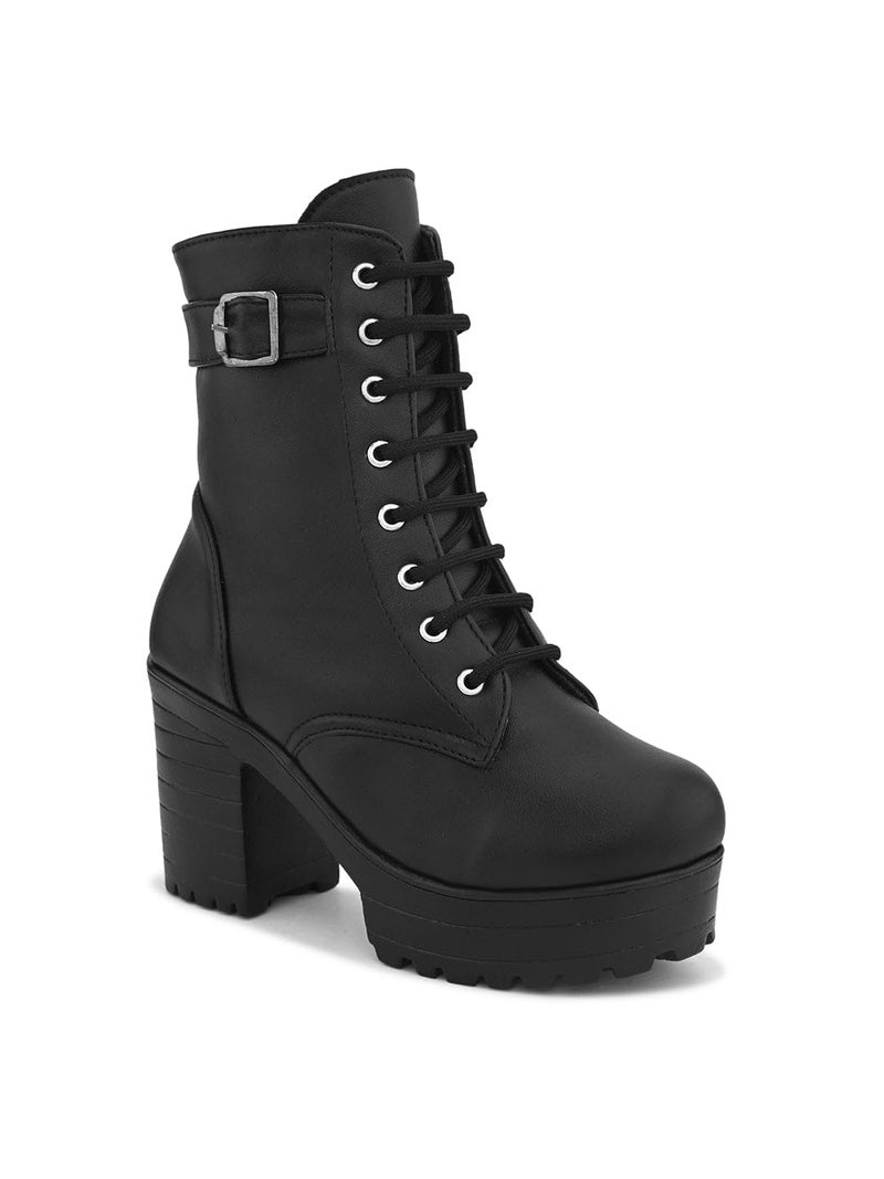 XE Looks 100% Vegan Leather Women's Lace-Up Chunky Heel Ankle Boots With Buckle Detail | Stylish, Lightweight, Comfortable And Soft, Trendy Heel Boots For Girls & Women, Black, 3 UK - Image 5