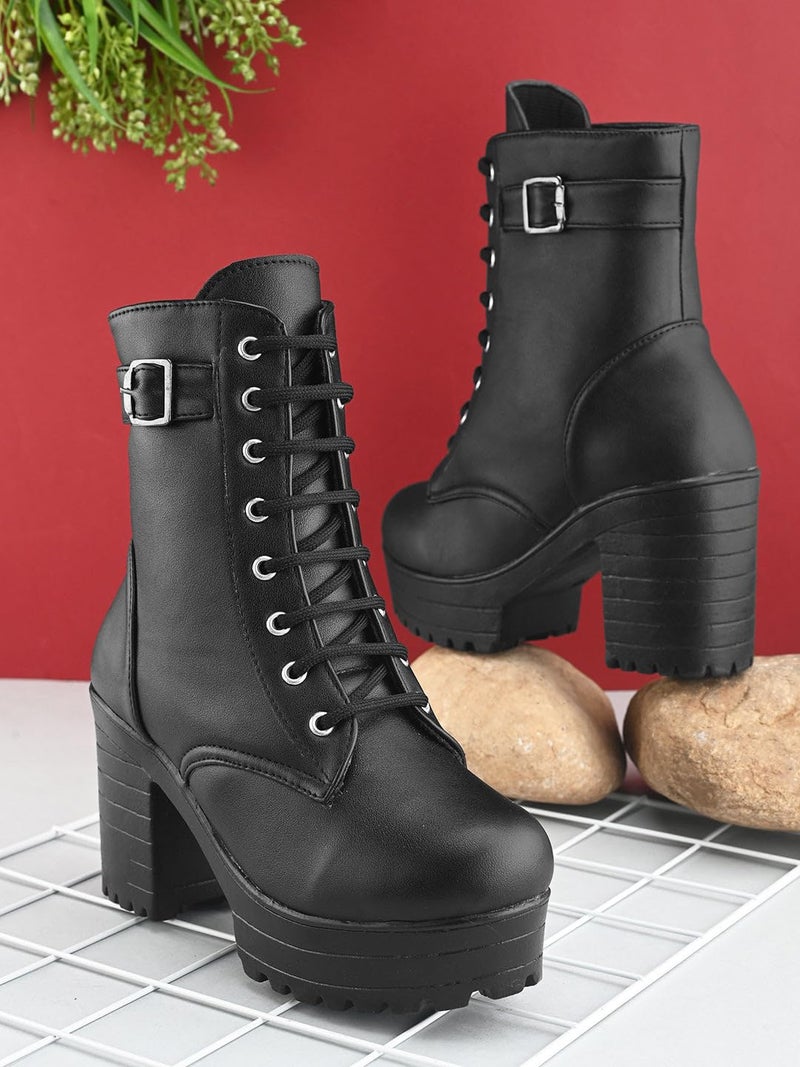 XE Looks 100% Vegan Leather Women's Lace-Up Chunky Heel Ankle Boots With Buckle Detail | Stylish, Lightweight, Comfortable And Soft, Trendy Heel Boots For Girls & Women, Black, 3 UK - Image 2