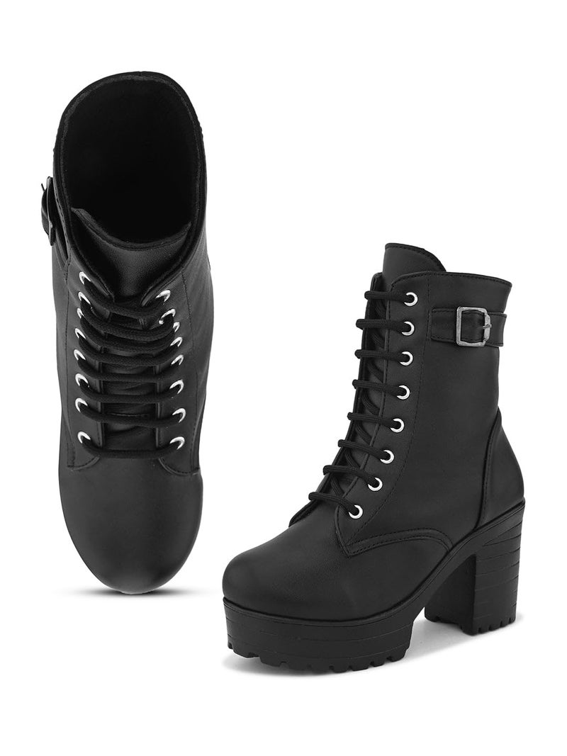 XE Looks 100% Vegan Leather Women's Lace-Up Chunky Heel Ankle Boots With Buckle Detail | Stylish, Lightweight, Comfortable And Soft, Trendy Heel Boots For Girls & Women, Black, 3 UK - Image 1