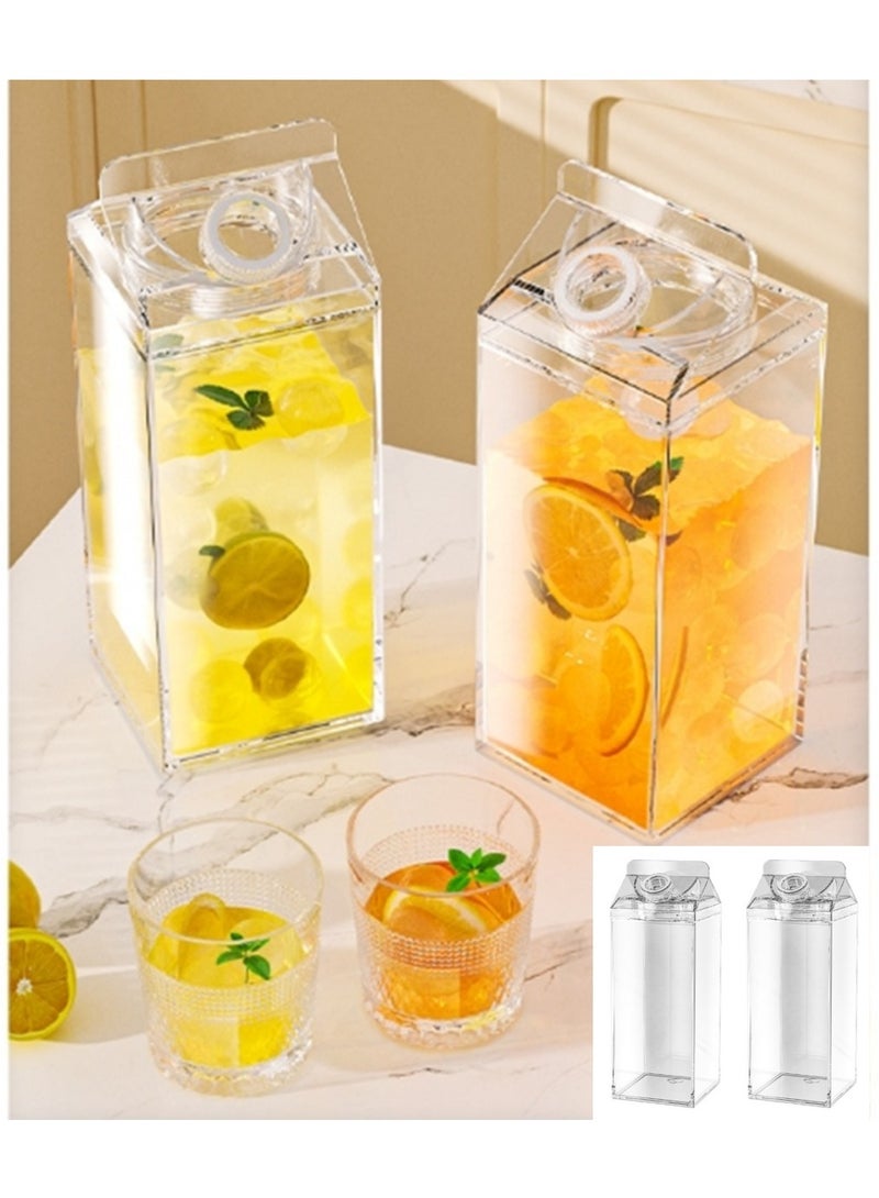 2 Pack Milk Carton Water Bottles, 1900ML Full Clear Plastic Square Juice Bottle Water Jug, Portable Leakproof Milk Box Drink Container Tea Cup, for Hot Cold Drinks Juice Tea Beverage Milk and Smoothie, (2 Pack, Clear)  - Image 1