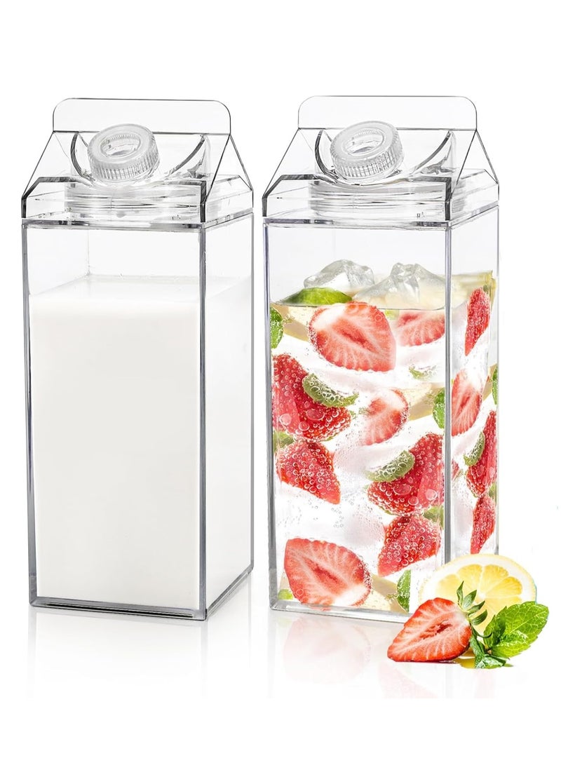 2 Pack Milk Carton Water Bottles, 1900ML Full Clear Plastic Square Juice Bottle Water Jug, Portable Leakproof Milk Box Drink Container Tea Cup, for Hot Cold Drinks Juice Tea Beverage Milk and Smoothie, (2 Pack, Clear)  - Image 2