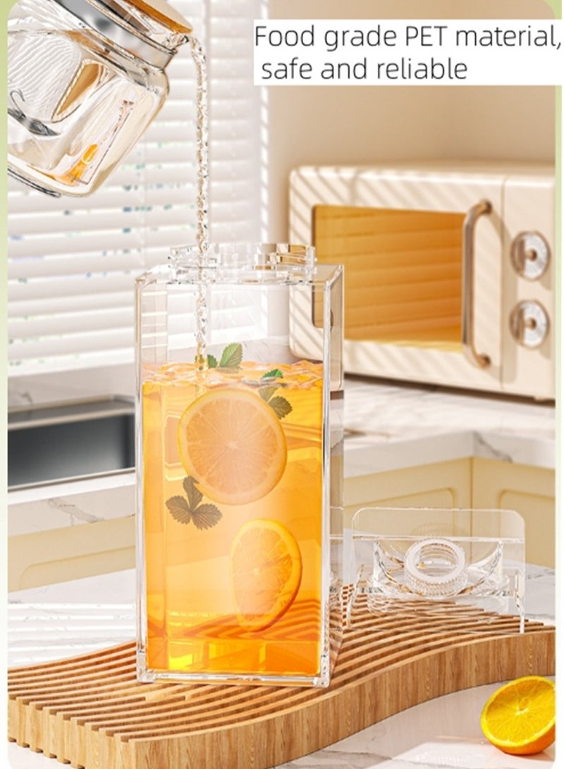 2 Pack Milk Carton Water Bottles, 1900ML Full Clear Plastic Square Juice Bottle Water Jug, Portable Leakproof Milk Box Drink Container Tea Cup, for Hot Cold Drinks Juice Tea Beverage Milk and Smoothie, (2 Pack, Clear)  - Image 4