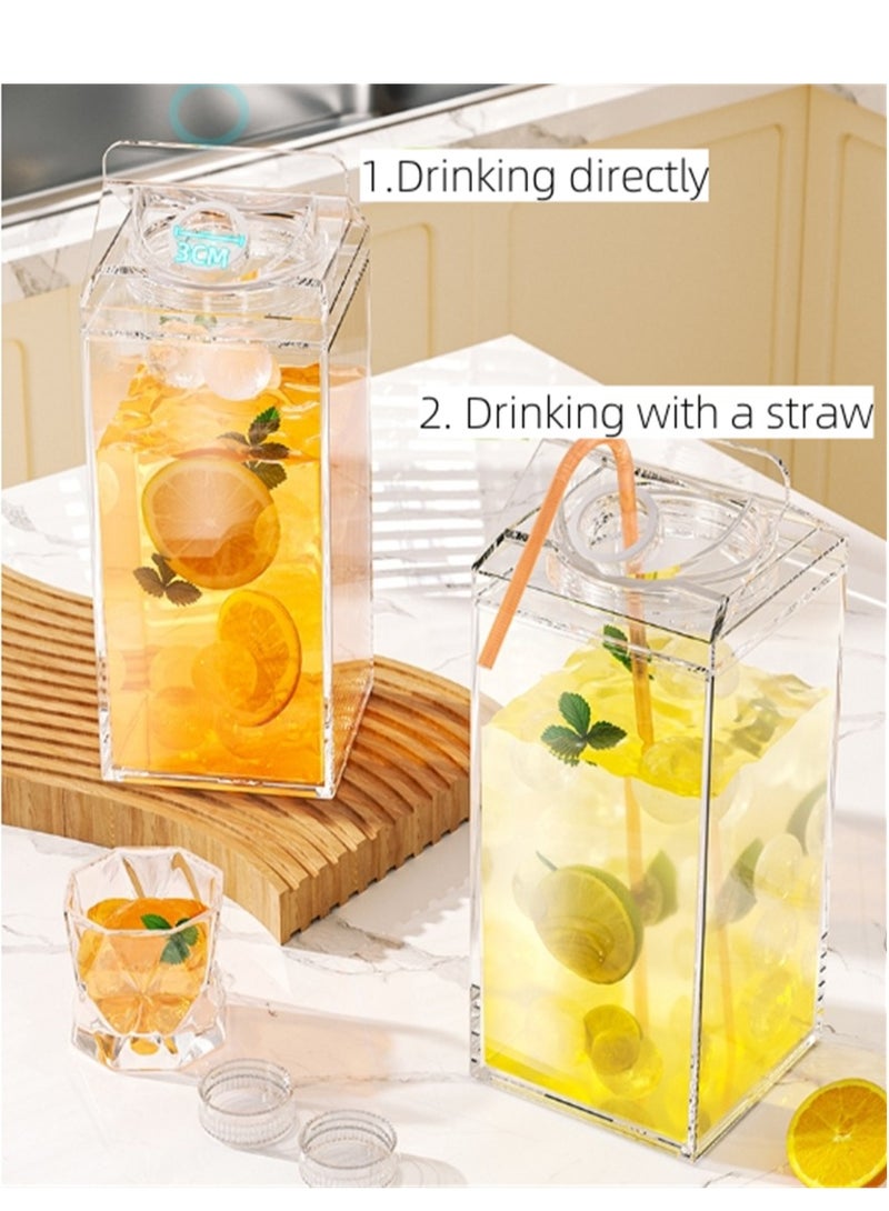 2 Pack Milk Carton Water Bottles, 1900ML Full Clear Plastic Square Juice Bottle Water Jug, Portable Leakproof Milk Box Drink Container Tea Cup, for Hot Cold Drinks Juice Tea Beverage Milk and Smoothie, (2 Pack, Clear)  - Image 5
