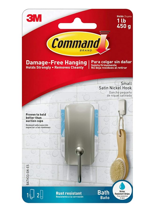 Command Bath Satin Nickel Small Hook 1 Hook+2 Strips Pack Holds 450Gr. Silver Color Water Resistant Strips Organize Decoration No Tools Holds Strongly Damage Free Hanging  - Image 1