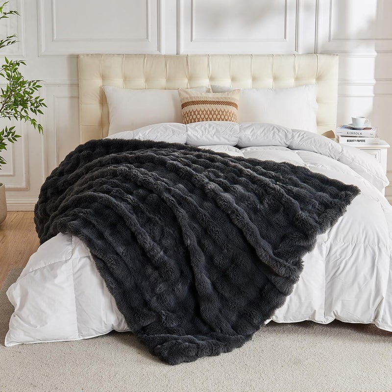 Lotus Karen Lotus Karen King Size Faux Fur Blanket Dark Gray - Big Bubble Rabbit Fluff Blanket for Bed  Large Fluffy Fuzzy Cozy Blanket  Thick Furry Plush Shaggy Blankets  108x90 Inches  - Image 5