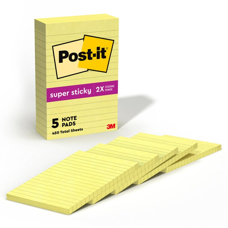 Post It Post-It Super Sticky Notes, 4 in x 6 in, Canary Yellow, Lined, 5 Pads/Pack, 90 Sheets/Pad (660-5SSCY) - Image 1