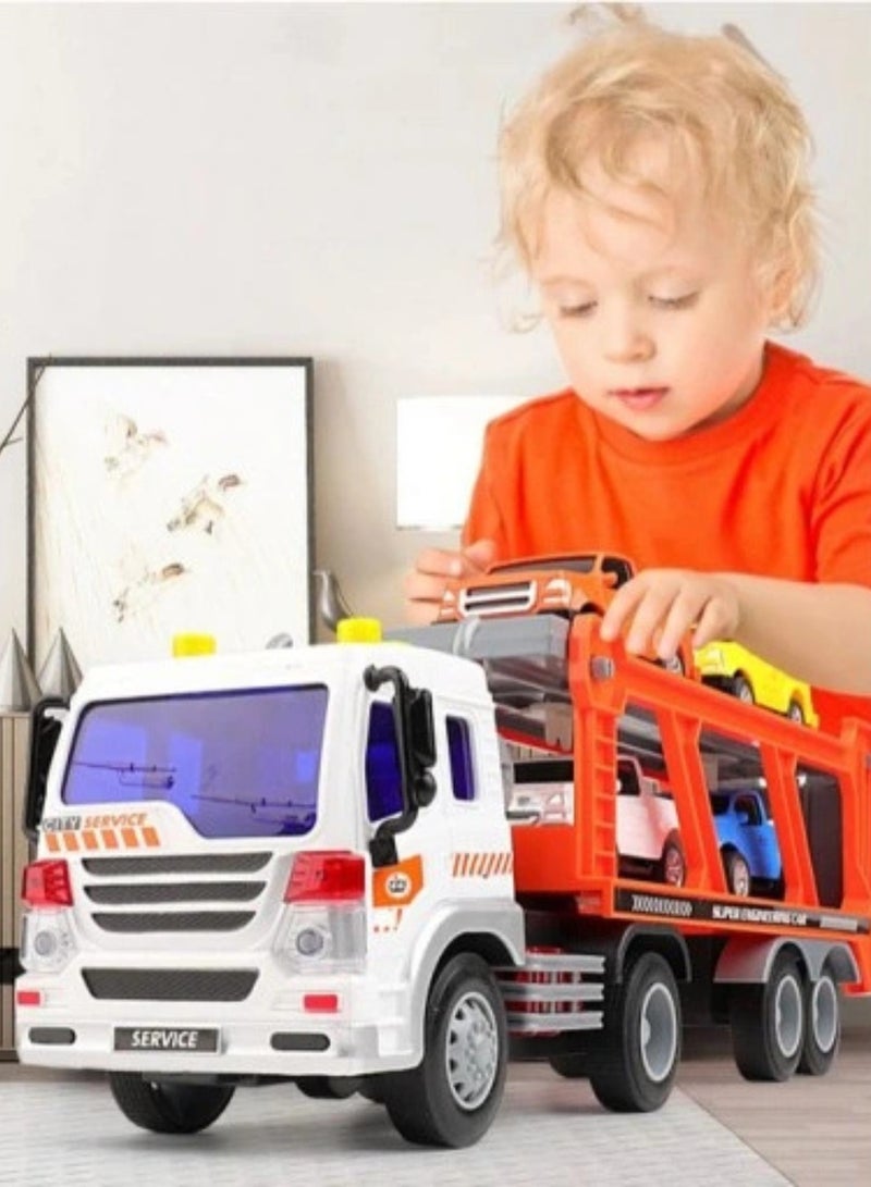 Truck لعبة شاحنة نقل السيارات مع حركة احتكاكية، أضواء وأصوات – شاحنة نقل مع 4 سيارات صغيرة للأطفال - Image 2
