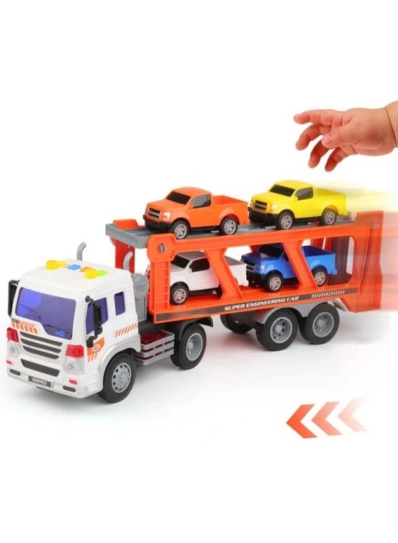 Truck لعبة شاحنة نقل السيارات مع حركة احتكاكية، أضواء وأصوات – شاحنة نقل مع 4 سيارات صغيرة للأطفال - Image 4