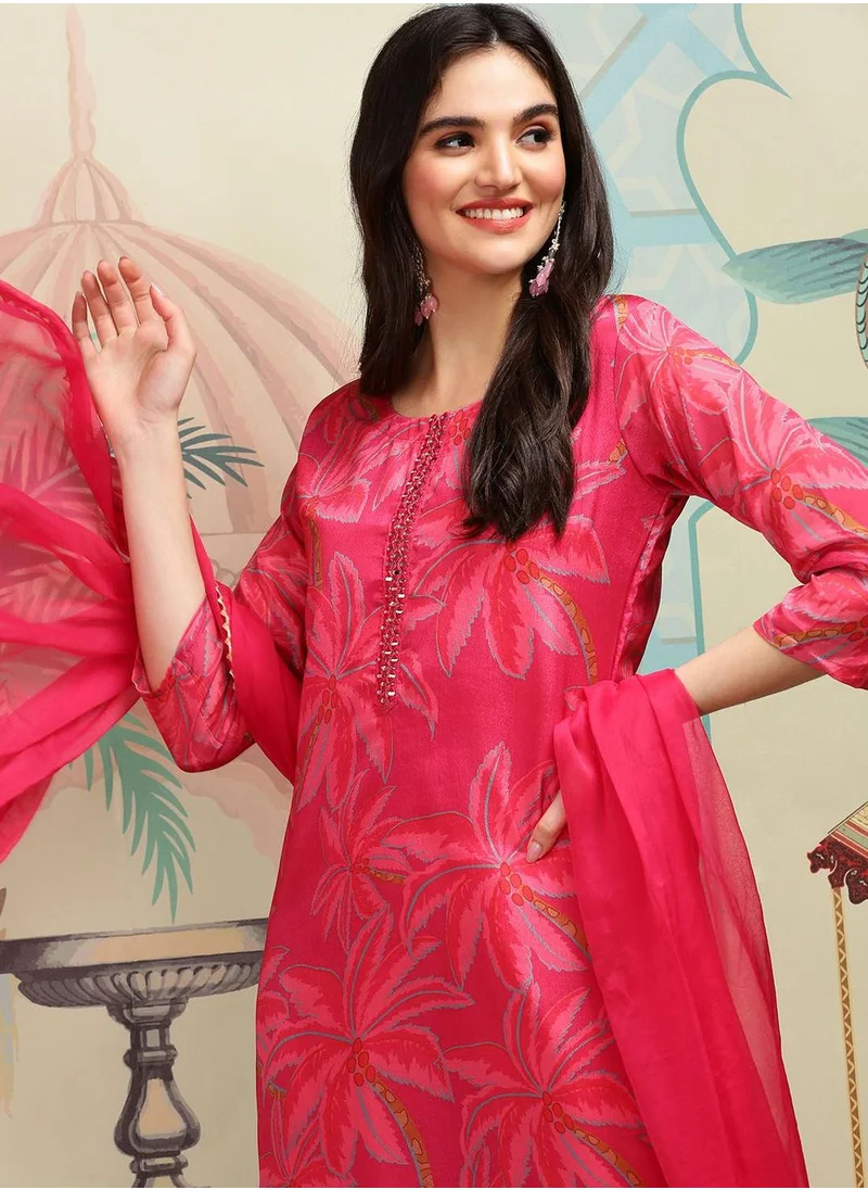 ISHIN Red Kurta Set Straight Fit 3/4 Sleeve Sleeve made from TOP:- Poly Chinon, Bottom:- Heavy Chanderi featuring Self Design design and Round Neck neckline - Perfect for Ethinic!