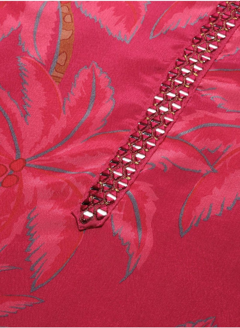ISHIN Red Kurta Set Straight Fit 3/4 Sleeve Sleeve made from TOP:- Poly Chinon, Bottom:- Heavy Chanderi featuring Self Design design and Round Neck neckline - Perfect for Ethinic!  - Image 3