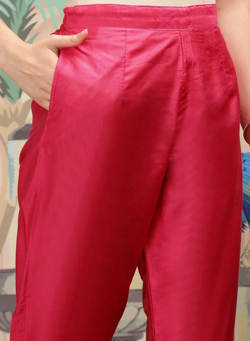 ISHIN Women's Red Polyester Blend Self Design Full Length Palazzo Kurta Set