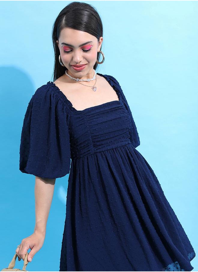 Tokyo Talkies Textured Puff Sleeve Gathered Detail Mini Dress by Styli  - Image 1