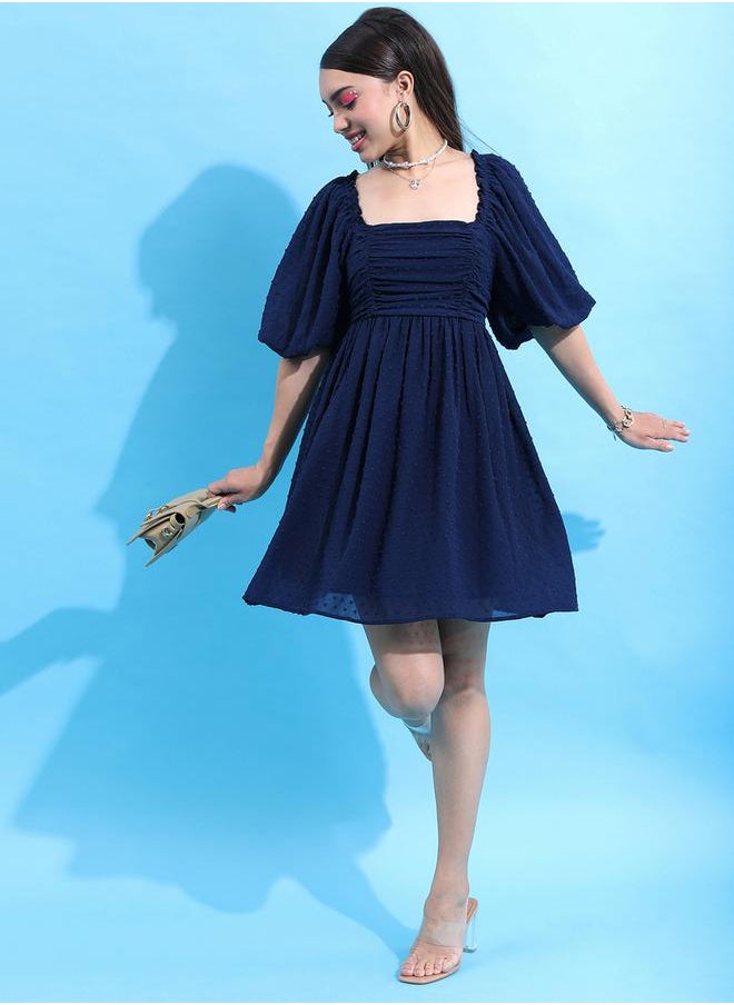 Tokyo Talkies Textured Puff Sleeve Gathered Detail Mini Dress by Styli  - Image 2