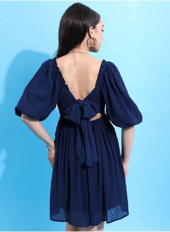 Tokyo Talkies Textured Puff Sleeve Gathered Detail Mini Dress by Styli  - Image 3