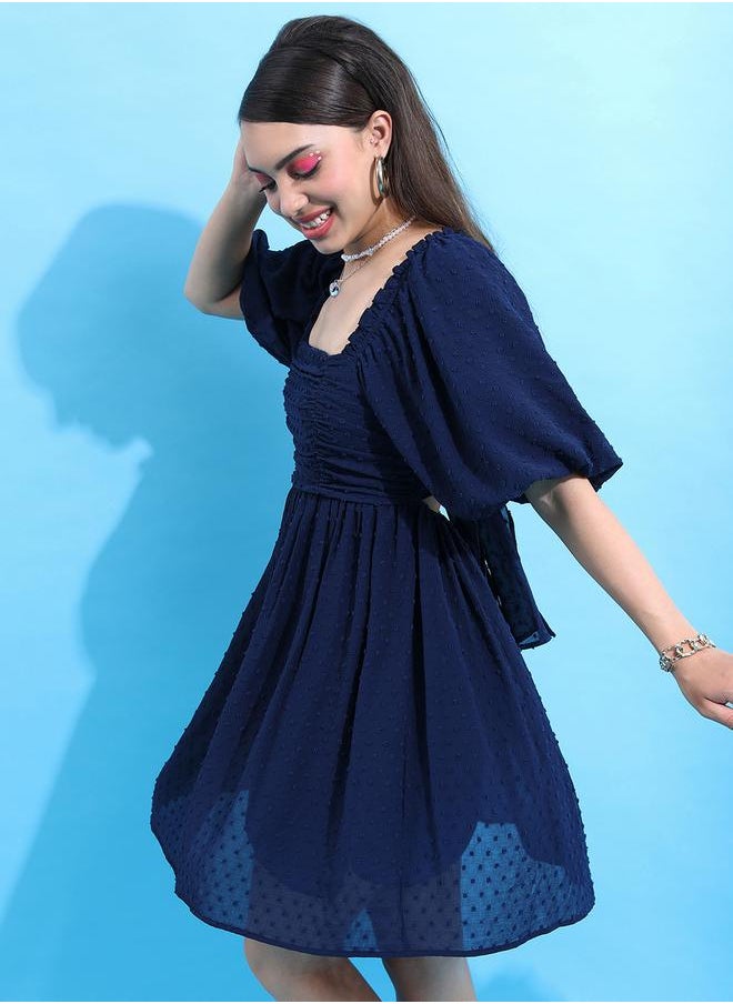 Tokyo Talkies Textured Puff Sleeve Gathered Detail Mini Dress by Styli  - Image 4
