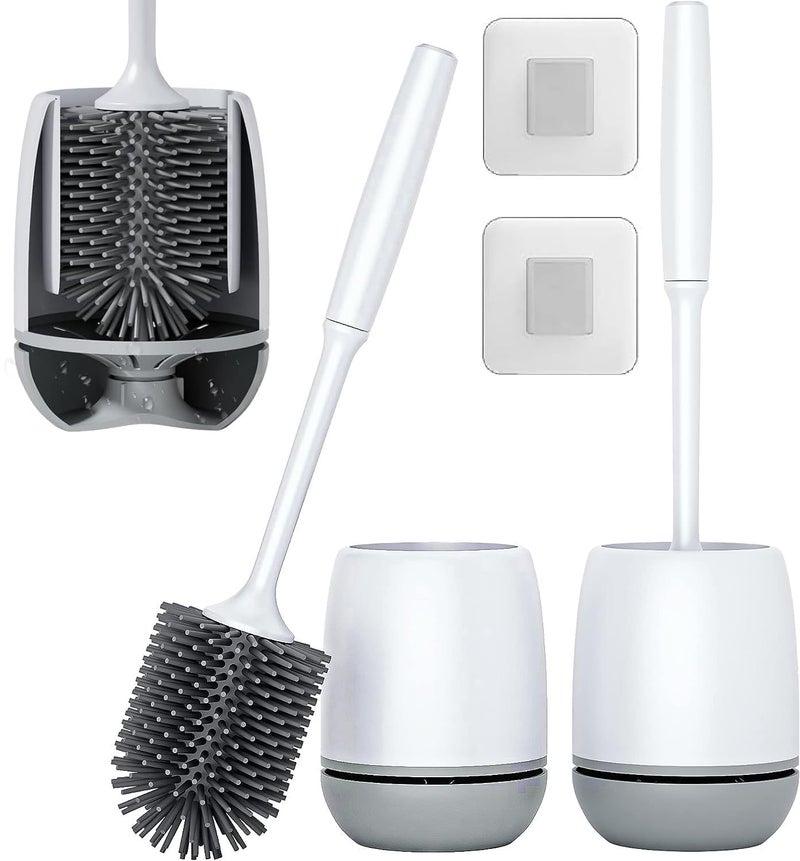 Noridy Pack Of 2,Silicone Toilet Brush With Holder,Wall Mounted&Free Stand Long Handle Bathroom Sleek Toilet Bowl Cleaner Brush With Stand,Pot Commode Bathroom Floor Cleaning Scrubber Brush(Pack of 2) - Image 1