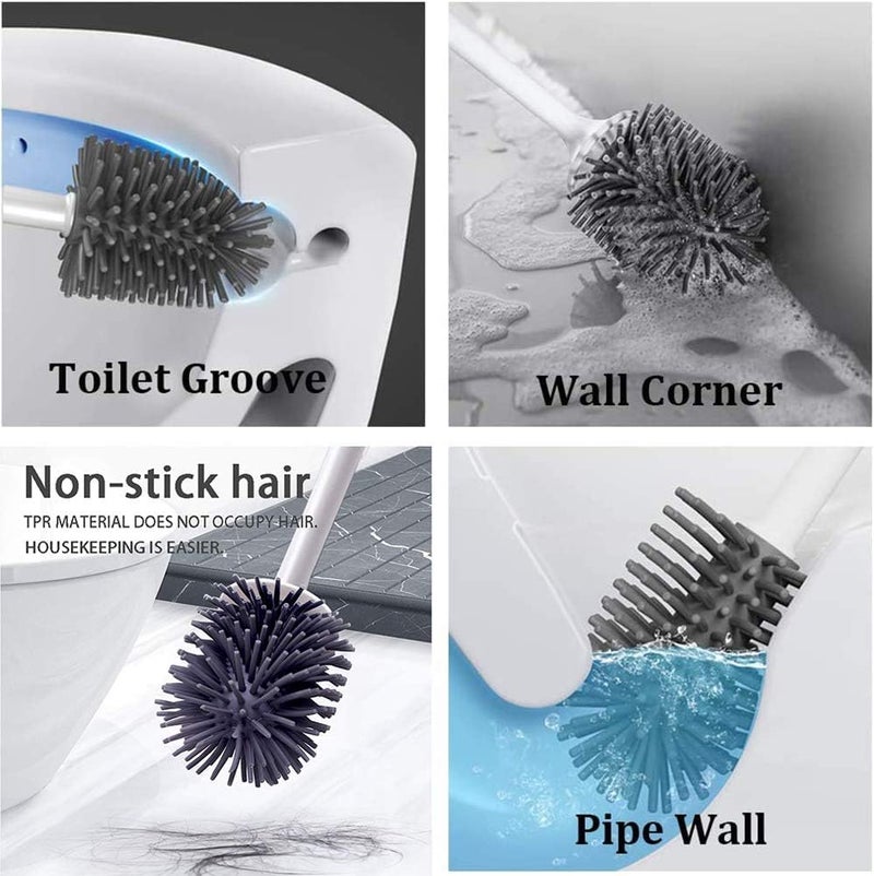 Noridy Pack Of 2,Silicone Toilet Brush With Holder,Wall Mounted&Free Stand Long Handle Bathroom Sleek Toilet Bowl Cleaner Brush With Stand,Pot Commode Bathroom Floor Cleaning Scrubber Brush(Pack of 2) - Image 4