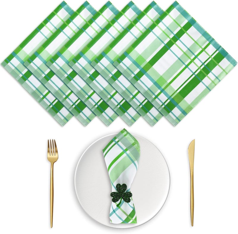 JarThenaAMCS Dinner Napkins 6 Sheet Cloth Napkins Green White Plaid Table Napkins Checkered Dinner Hand Napkin for St Patricks Day Irish Holiday Party Tableware Supplies - Image 1