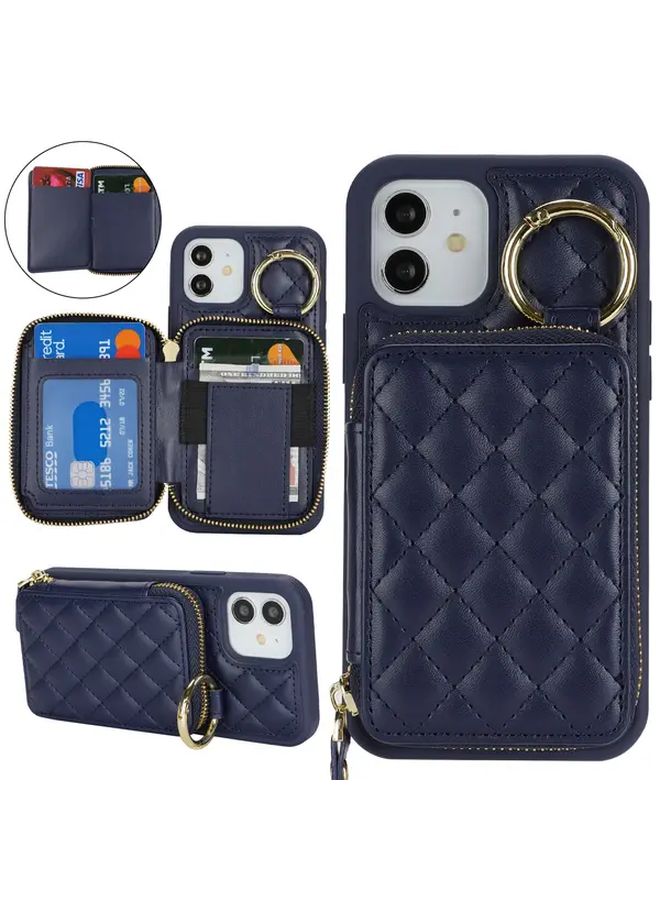 هاتف بشريطة هواتف Deep Blue Leopard Print متوافق مع iPhone 12 بحافظة بطاقات وجيب سحاب وحلقة حامل - Image 1