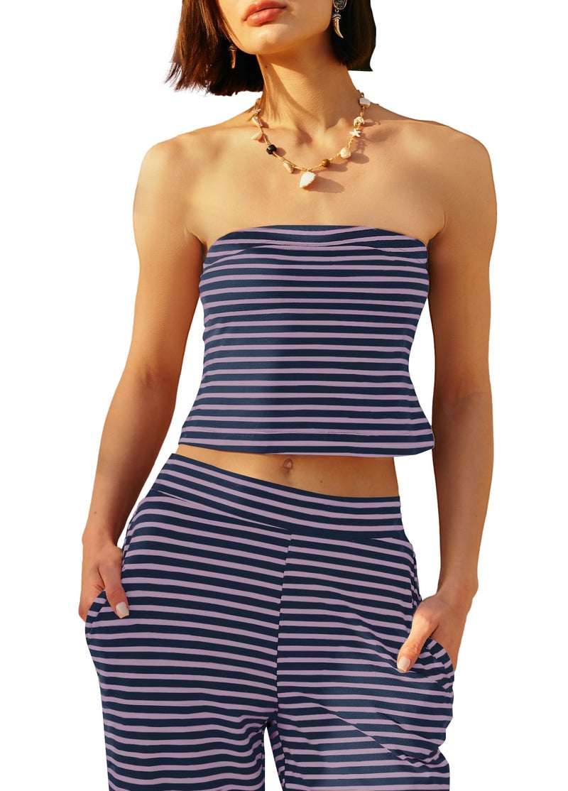 Panadila Womens Striped Lounge Set Summer Vacation Outfits Tube Top and Pants Matching Set Travel Resort Beachy Clothes (Grey Pink Combo,S) - Image 2