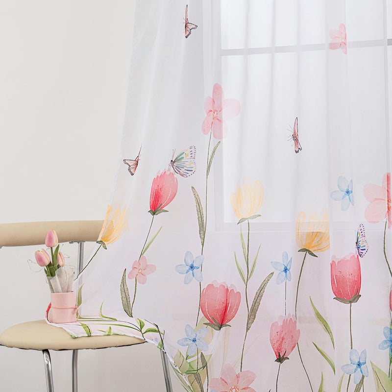 youleyar Floral Sheer Curtains for Living Room 63 Inches Long 2 Panels White Semi-Sheer Curtain with Flower/Butterfly Printed Pattern Summer/Spring Rod Pocket Voile Drapes for Bedroom, W52 x L63 - Image 1