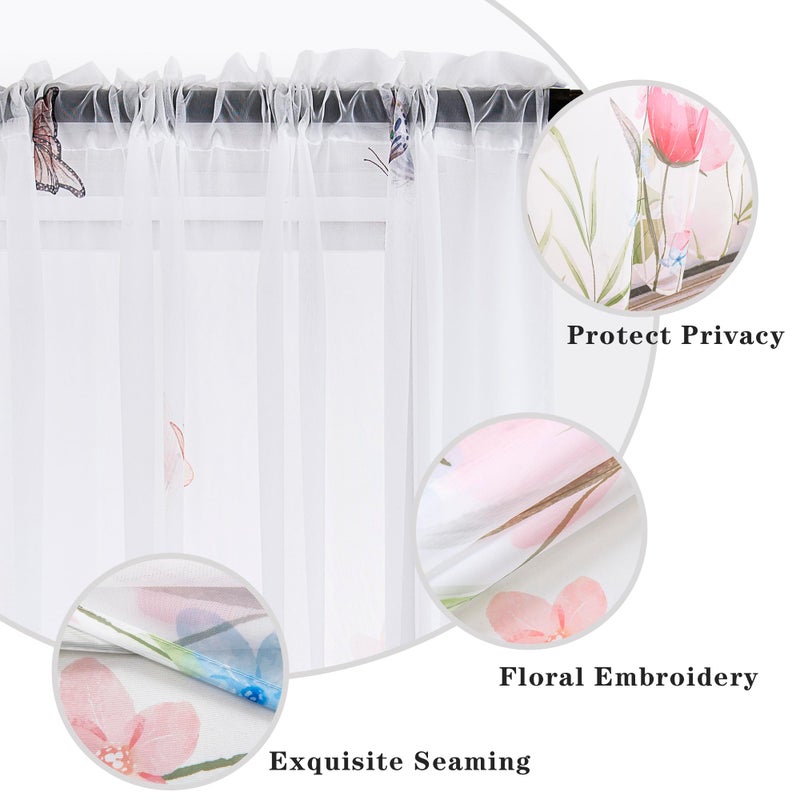 youleyar Floral Sheer Curtains for Living Room 63 Inches Long 2 Panels White Semi-Sheer Curtain with Flower/Butterfly Printed Pattern Summer/Spring Rod Pocket Voile Drapes for Bedroom, W52 x L63 - Image 5