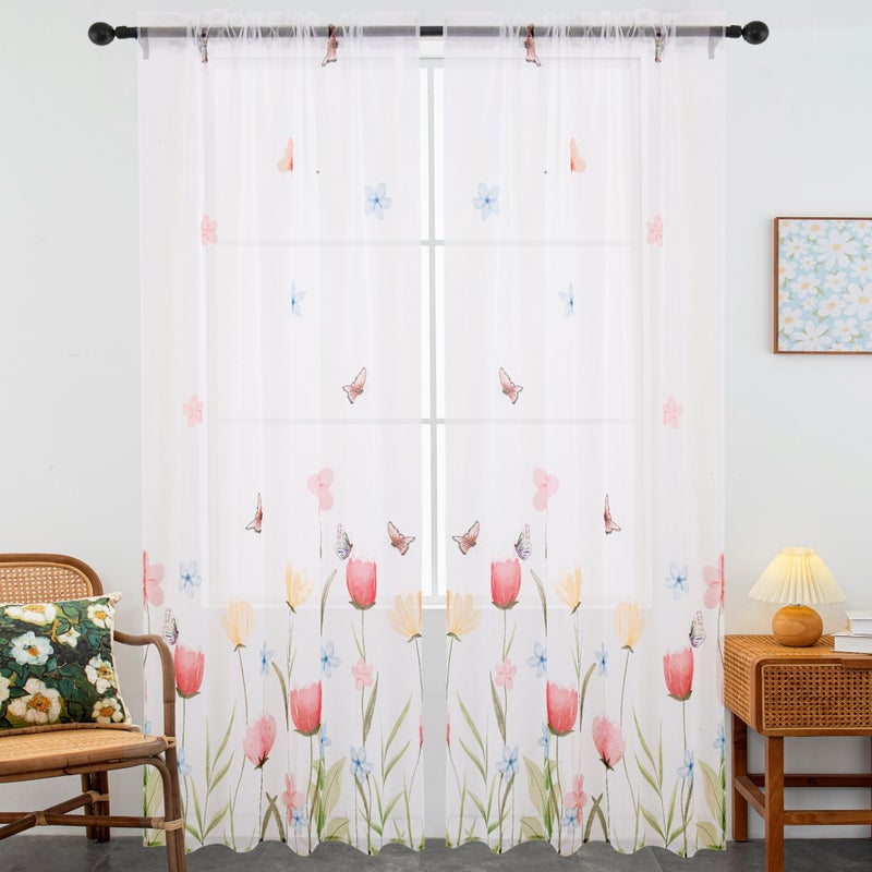 youleyar Floral Sheer Curtains for Living Room 63 Inches Long 2 Panels White Semi-Sheer Curtain with Flower/Butterfly Printed Pattern Summer/Spring Rod Pocket Voile Drapes for Bedroom, W52 x L63 - Image 2