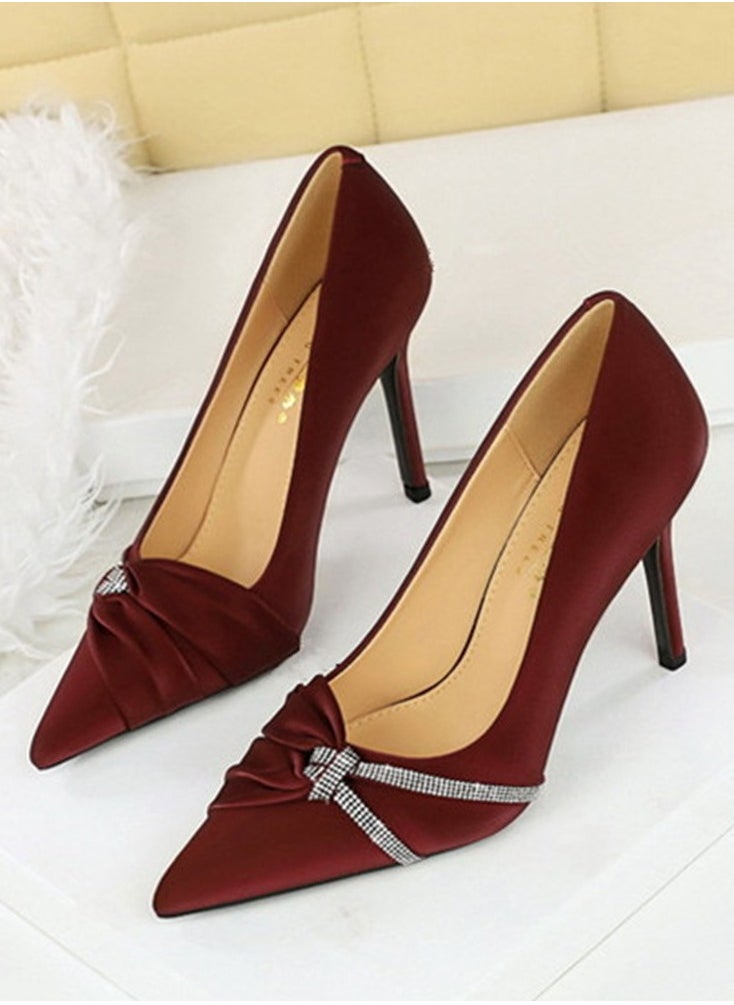 BIGTREE Women's Closed Pointed Toe Stiletto Pump Rhinestone Bowknot Decoration High Heels Wine Red 10 CM  - Image 1