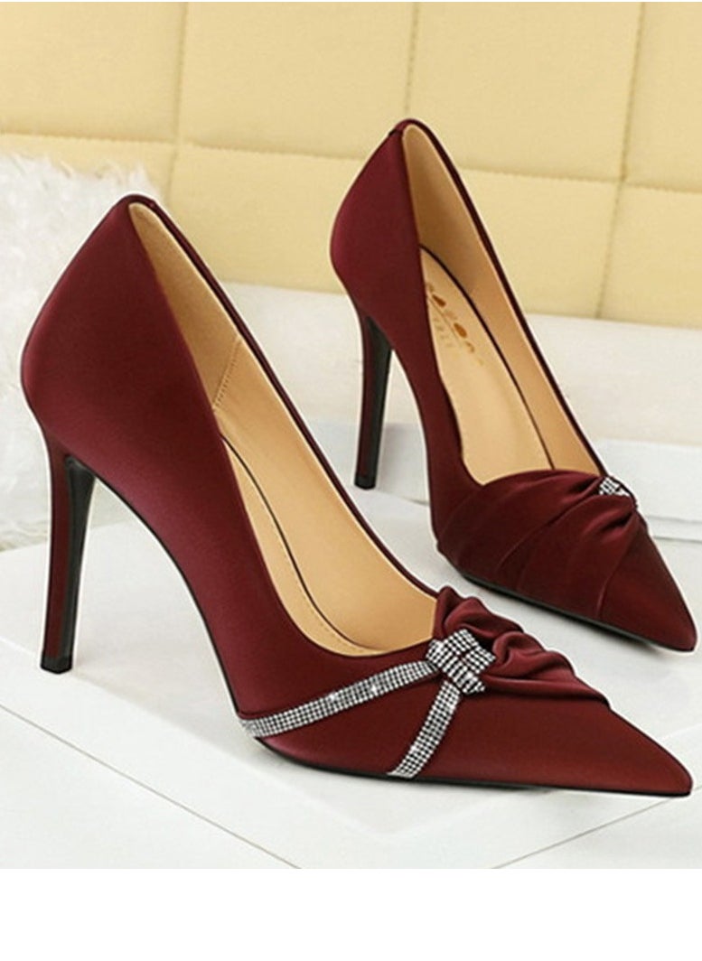 BIGTREE Women's Closed Pointed Toe Stiletto Pump Rhinestone Bowknot Decoration High Heels Wine Red 10 CM  - Image 2