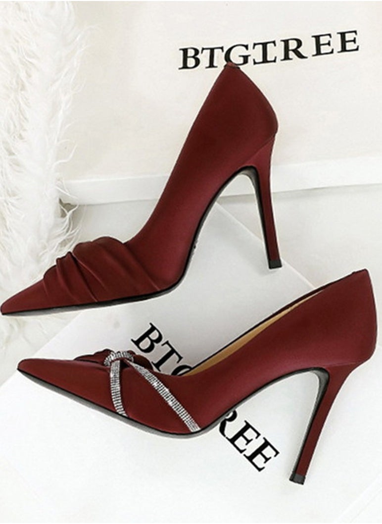 BIGTREE Women's Closed Pointed Toe Stiletto Pump Rhinestone Bowknot Decoration High Heels Wine Red 10 CM  - Image 3
