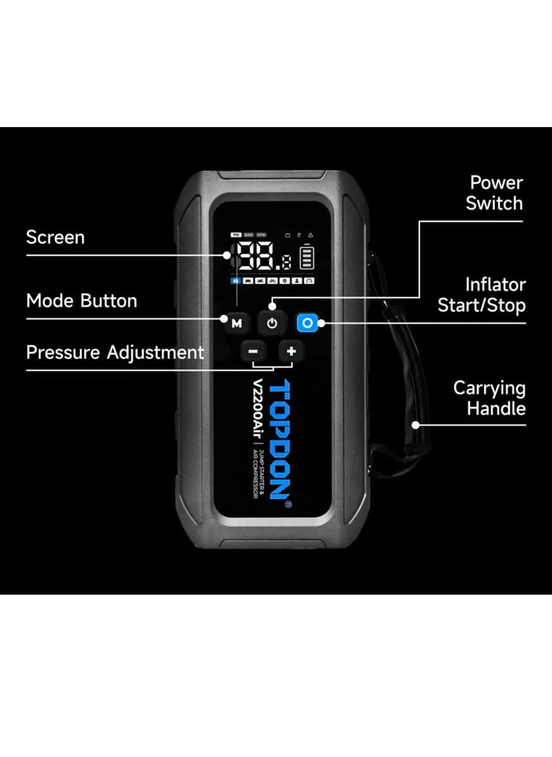 Topdon - Topon 2200A Jump Starter for 8L Vehicles with Air Compressor 5 in 1 Power Bank, Flash Light with Digital Display Fast Charging - Image 1