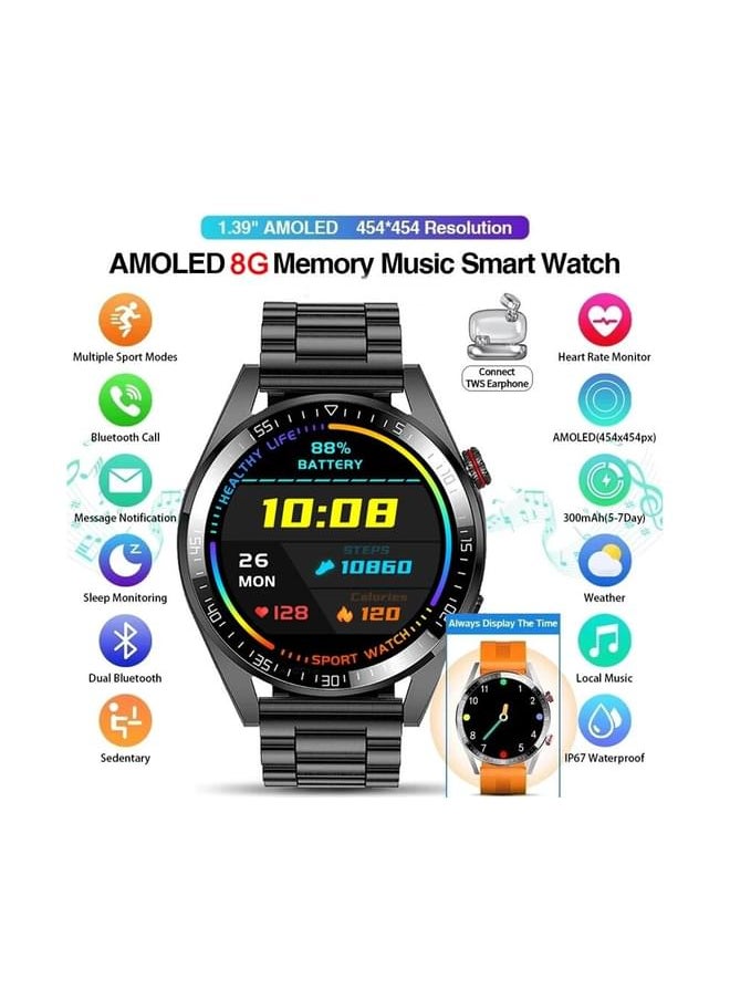HYX - Full Screen Smart Watch Men Always Display The Time Bluetooth Call Local Music Men Smartwatch For Samsung iPhone Huawei - Black Steel - Image 1