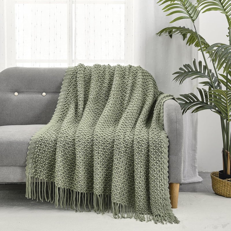 CREVENT Farmhouse Boho Knitted Throw Blanket for Couch Sofa Chair Bed Home Decoration, Soft Warm Cozy Light Weight for Spring Summer Fall (127x152cm Sage Green) - Image 2