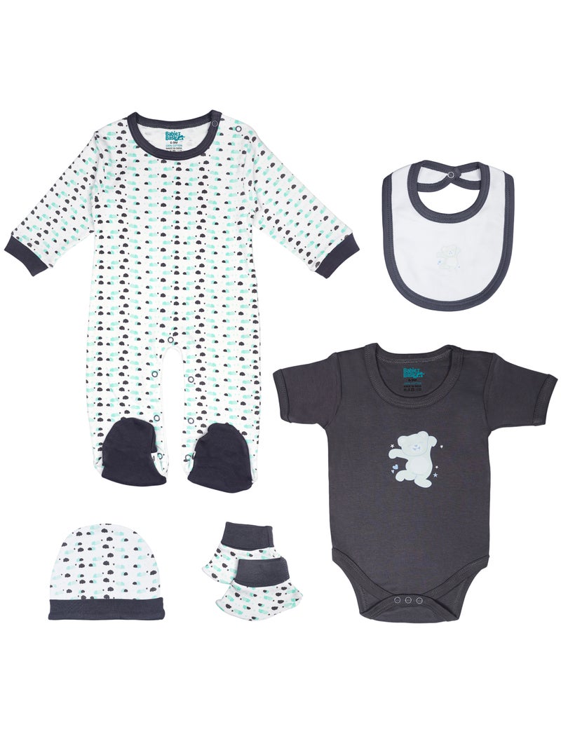 Babies Basic 5 piece Unisex 100% Cotton Sets include Bib, Romper, Mittens, Cap and Sleepsuit/Jumpsuit - Image 1