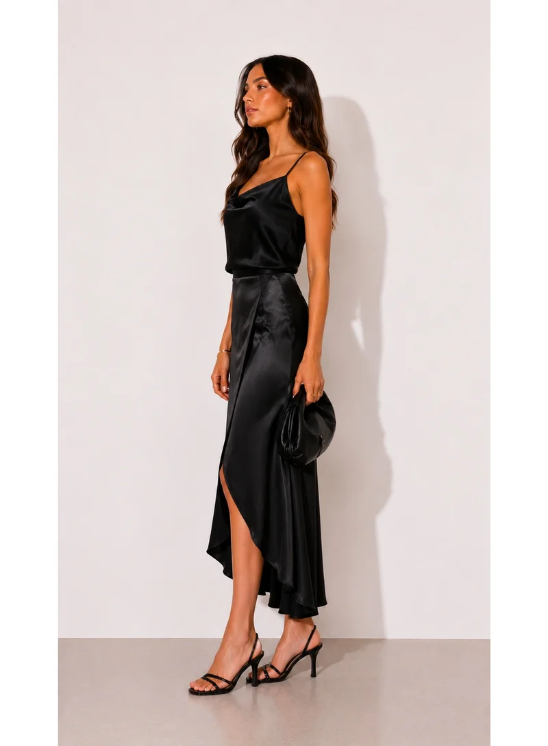2Trendy Women's High Waist Wrap Midi Skirt with Front Slit and High Low Hem - Black