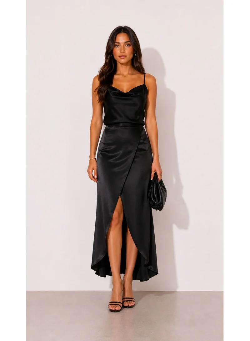 2Trendy Women's High Waist Wrap Midi Skirt with Front Slit and High Low Hem - Black